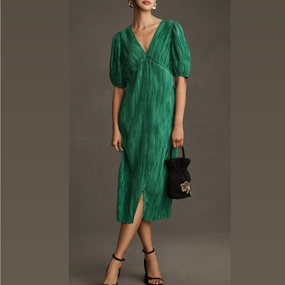 Anthropologie green pleated midi dress